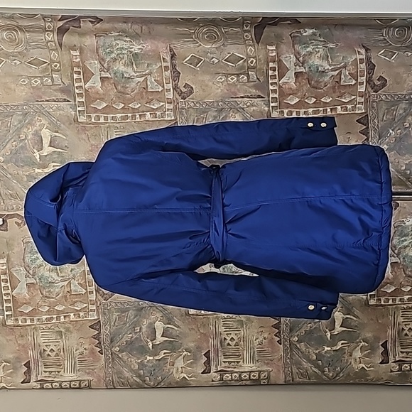 Steve Madden long bright blue long jacket full zipper belt attached hood - Picture 2 of 14